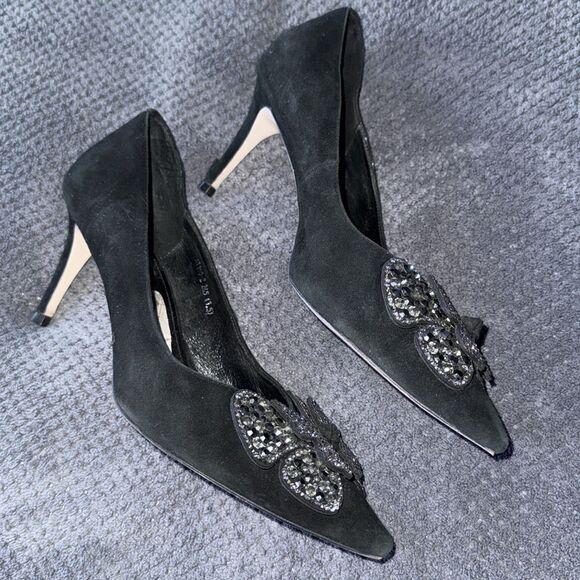 Alomore Black‎ Suede Rhinestone Bow Flats 7.5 Pointed Toe Leather Sole heels - Picture 4 of 11